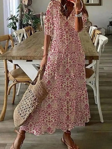 JO | Delia - Women's dresses Long dress with V-neck, half-length sleeves and printed beard