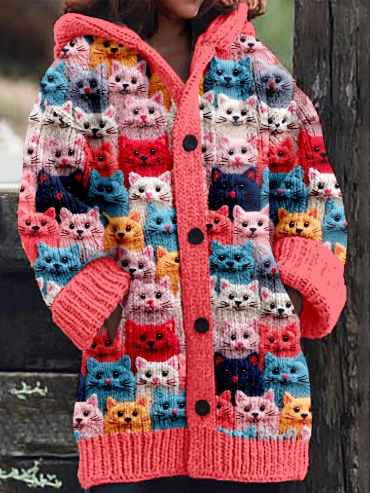 JO | Knitted coat with button placket and playful cat print