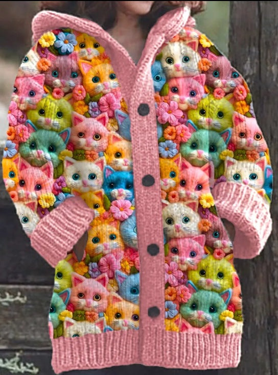 JO | Knitted coat with button placket and playful cat print