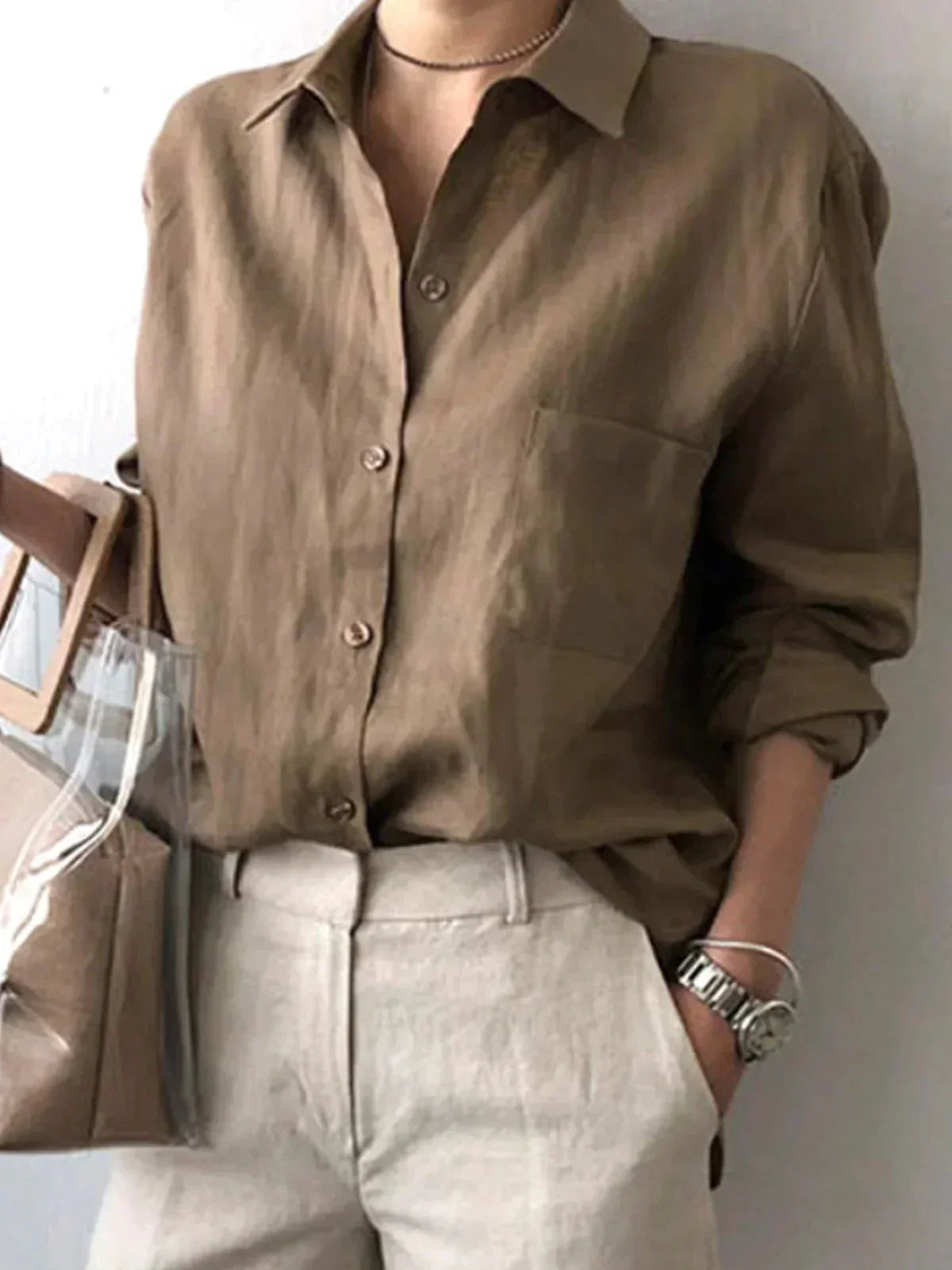 JO ladies cotton shirt spring loose plain shirt collar casual blouse