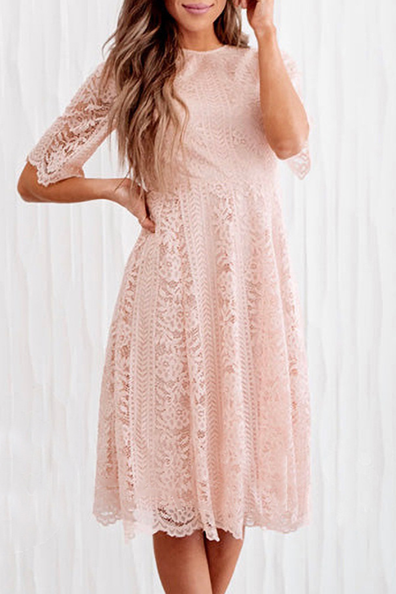 JO | Casual Solid Lace O Neck Cake Skirt Dresses