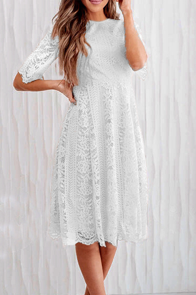 JO | Casual Solid Lace O Neck Cake Skirt Dresses