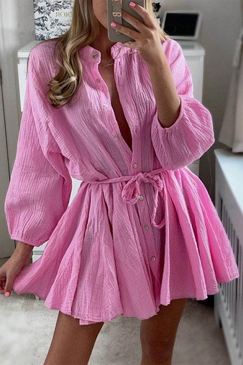 JO | Solid Lace Up Button Ruffle Dresses(5 Colors)