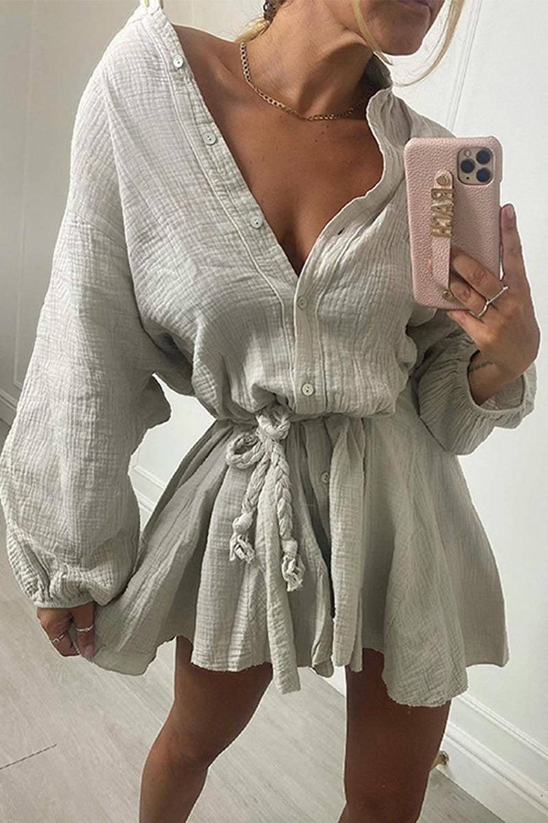 JO | Solid Lace Up Button Ruffle Dresses(5 Colors)
