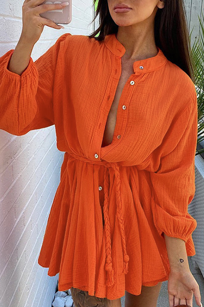 JO | Solid Lace Up Button Ruffle Dresses(5 Colors)