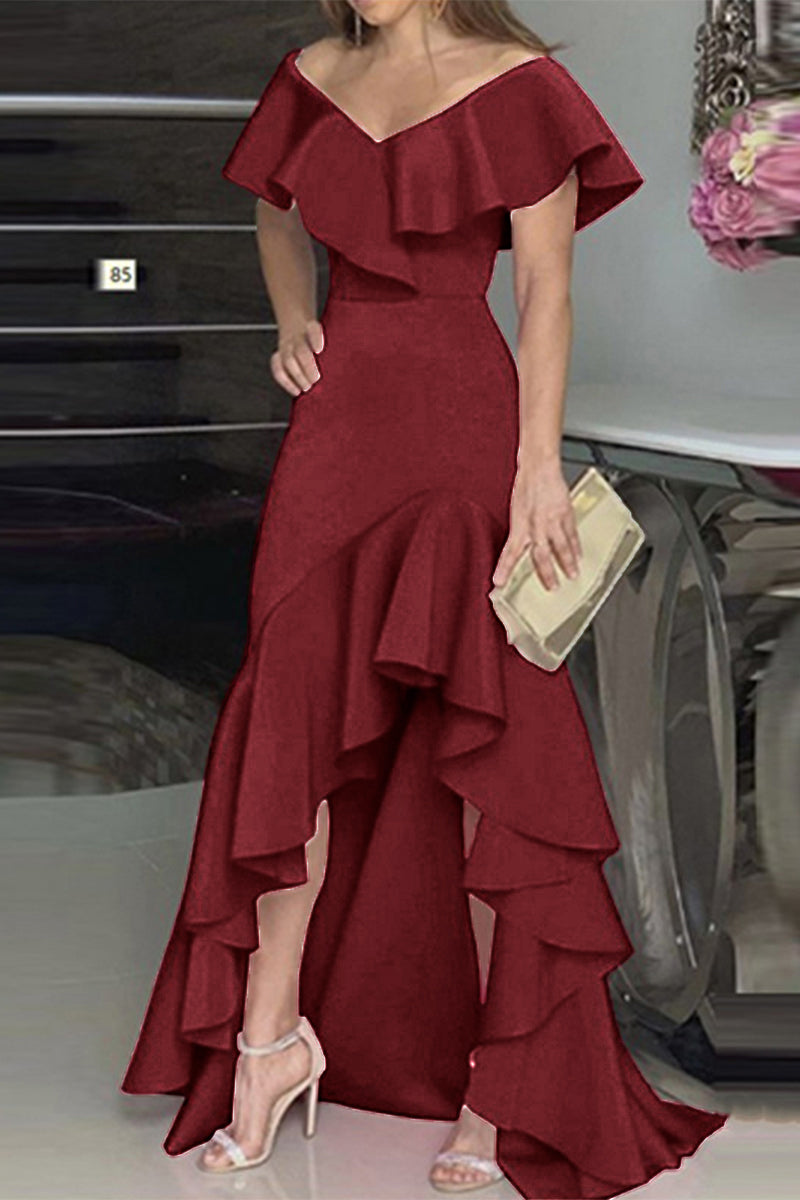 JO | Elegant solid flounce V-neck irregular dresses dresses (5 colors)