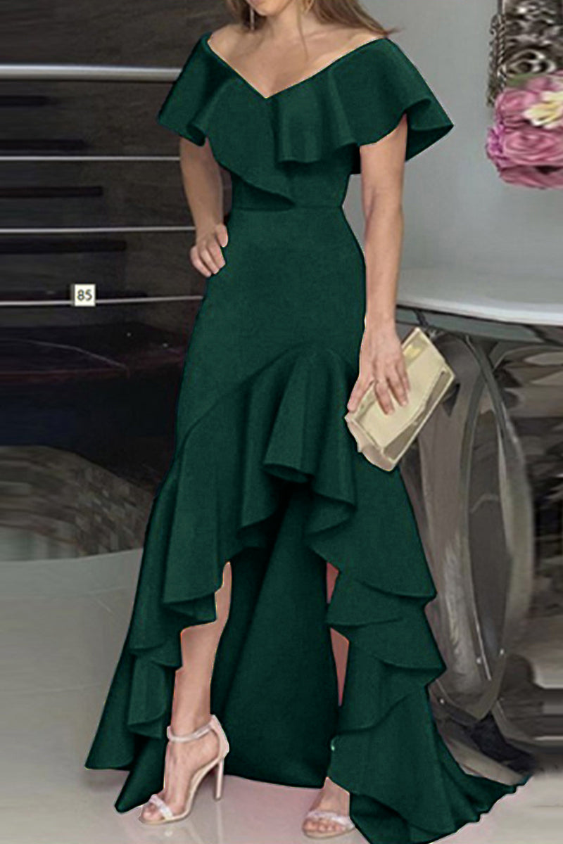 JO | Elegant solid flounce V-neck irregular dresses dresses (5 colors)