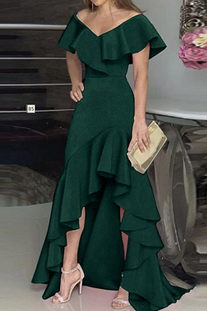 JO | Elegant solid flounce V-neck irregular dresses dresses (5 colors)