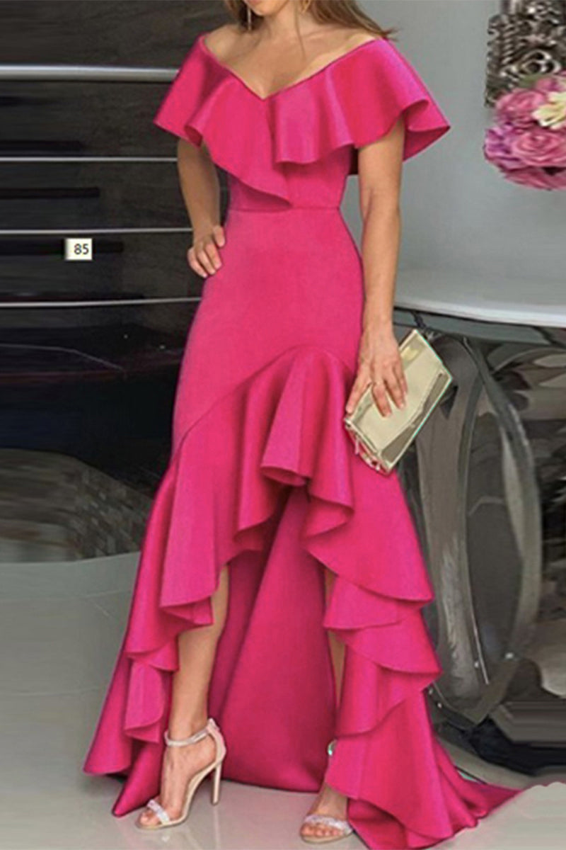 JO | Elegant solid flounce V-neck irregular dresses dresses (5 colors)