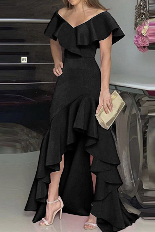 JO | Elegant solid flounce V-neck irregular dresses dresses (5 colors)