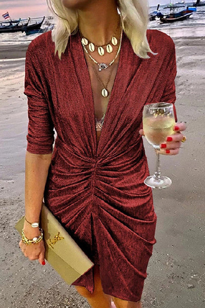 JO | Celebrities Elegant Solid Pleated V Neck A Line Dresses(4 Colors)