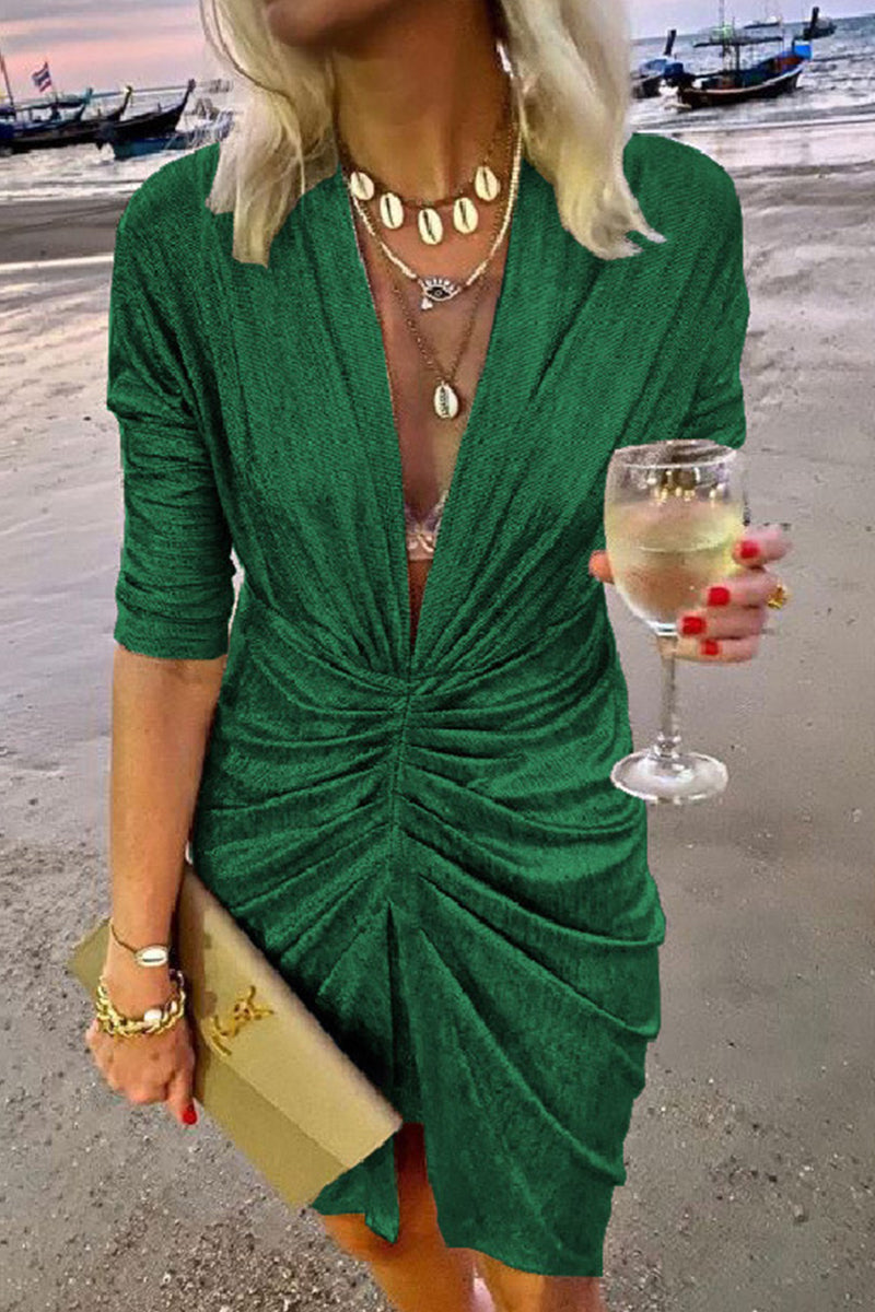 JO | Celebrities Elegant Solid Pleated V Neck A Line Dresses(4 Colors)