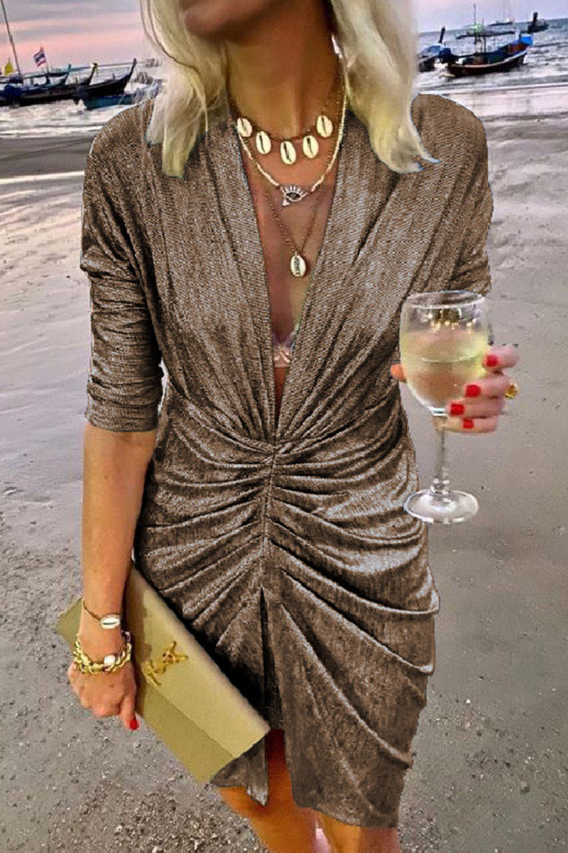 JO | Celebrities Elegant Solid Pleated V Neck A Line Dresses(4 Colors)