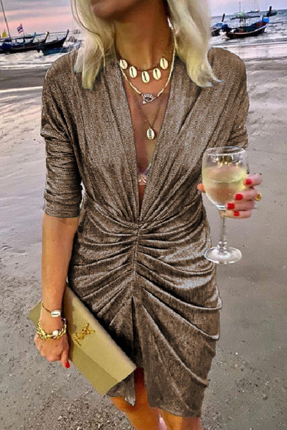 JO | Celebrities Elegant Solid Pleated V Neck A Line Dresses(4 Colors)