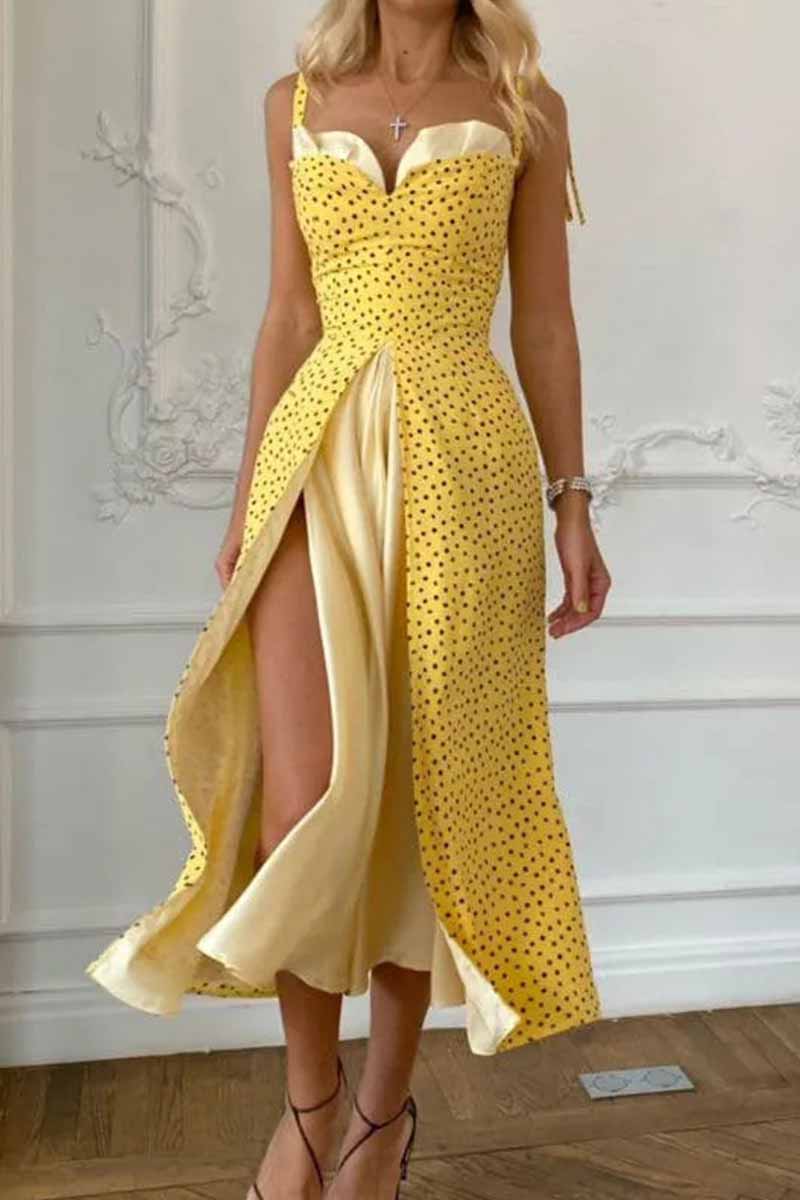 JO | Elegant Print Solid Patchwork Slit V-Neck A Line Dresses