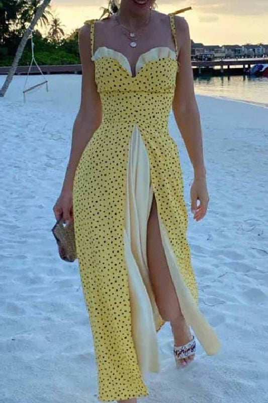 JO | Elegant Print Solid Patchwork Slit V-Neck A Line Dresses