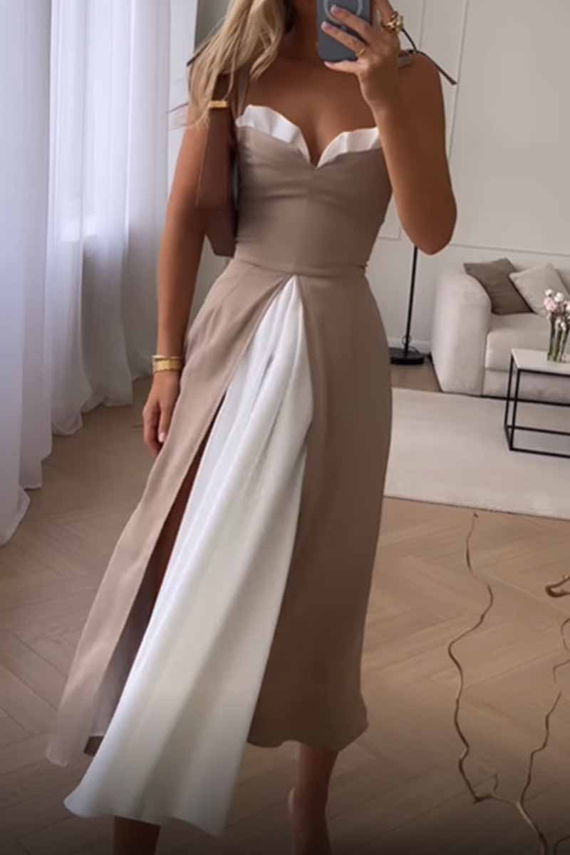 JO | Elegant Print Solid Patchwork Slit V-Neck A Line Dresses