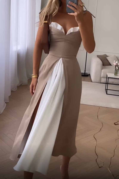 JO | Elegant Print Solid Patchwork Slit V-Neck A Line Dresses