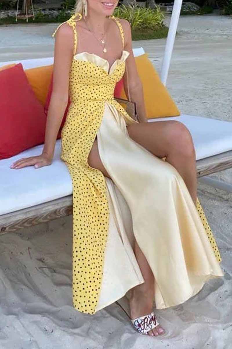 JO | Elegant Print Solid Patchwork Slit V-Neck A Line Dresses