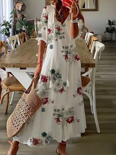 JO | Delia - Women's dresses Long dress with V-neck, half-length sleeves and printed beard