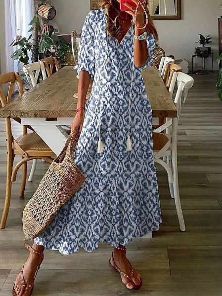 JO | Delia - Women's dresses Long dress with V-neck, half-length sleeves and printed beard