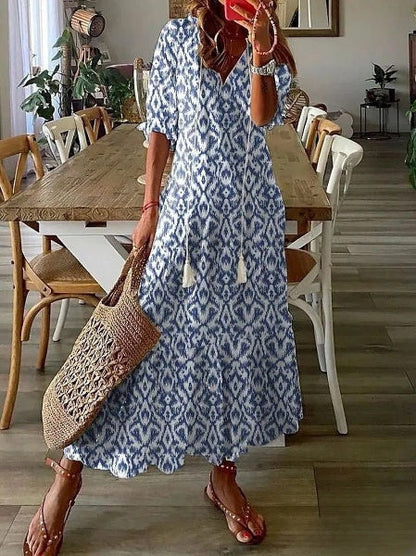 JO | Delia - Women's dresses Long dress with V-neck, half-length sleeves and printed beard