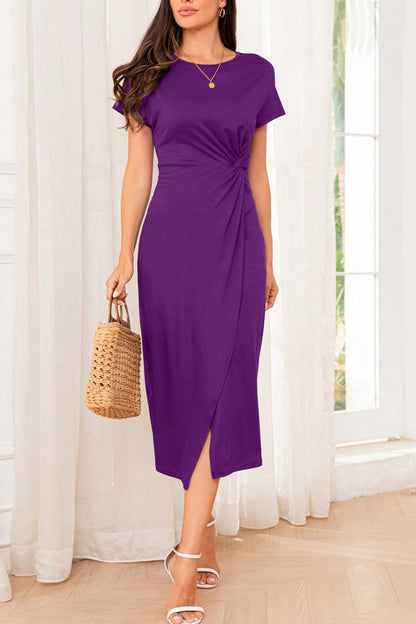 JO | Slit Round neckline Short sleeve midi dress