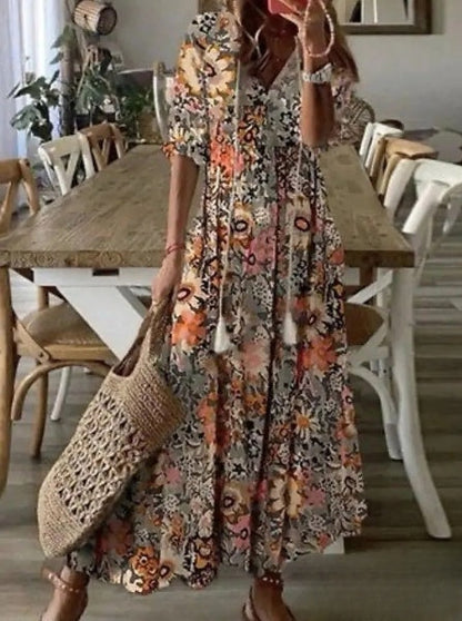 JO | Delia - Women's dresses Long dress with V-neck, half-length sleeves and printed beard