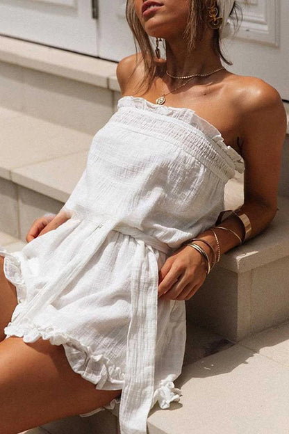 JO | Call Your Coup Cotton-blend fabric Bare shoulders Flounce Wide-cut belted combo shorts