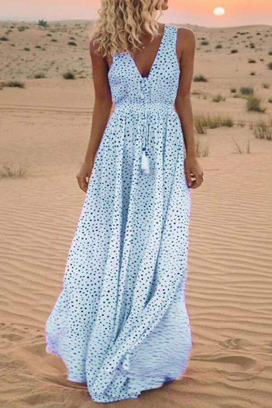 JO | Boho-style dotted patchwork dresses with a V-neckline and A-line cut