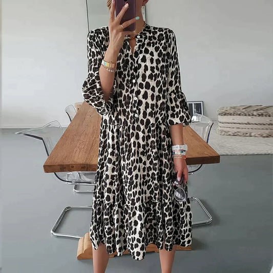 JO | Midi dress with leopard print, button placket and 3/4 sleeves