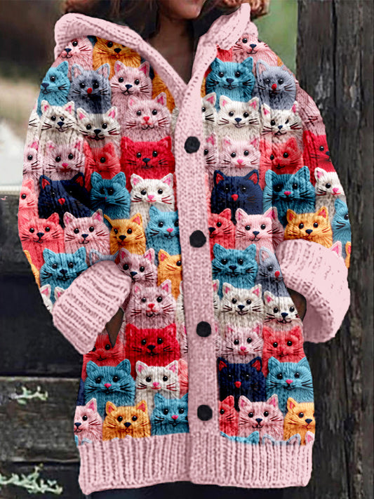JO | Knitted coat with button placket and playful cat print