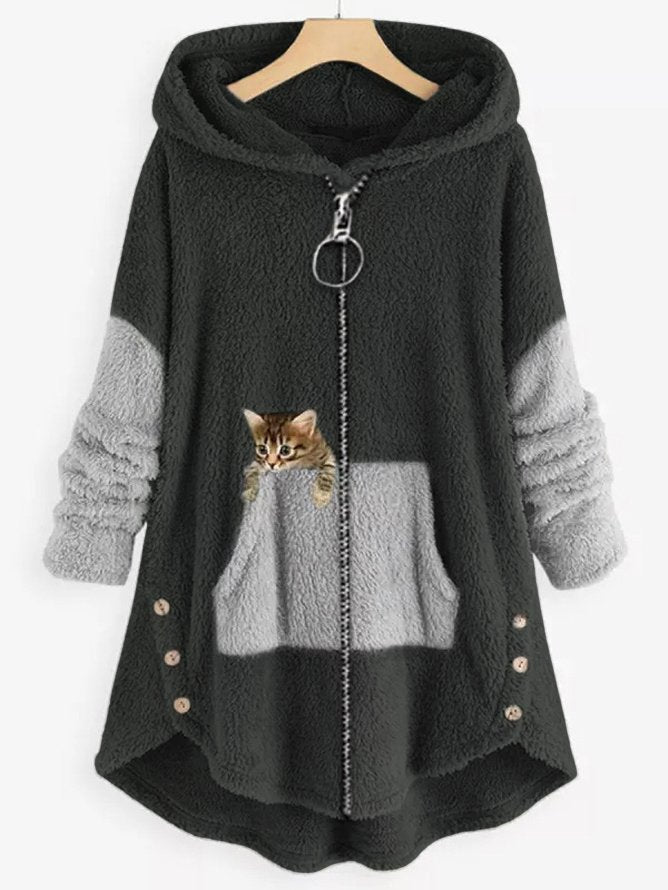 JO | Cozy fleece hooded jacket with adorable cat print