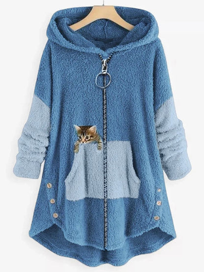 JO | Cozy fleece hooded jacket with adorable cat print