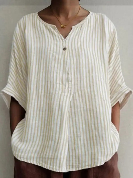 JO | White apricot-colored blouse with V-neck, striped pattern and half sleeves