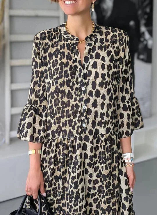 JO | Midi dress with leopard print, button placket and 3/4 sleeves