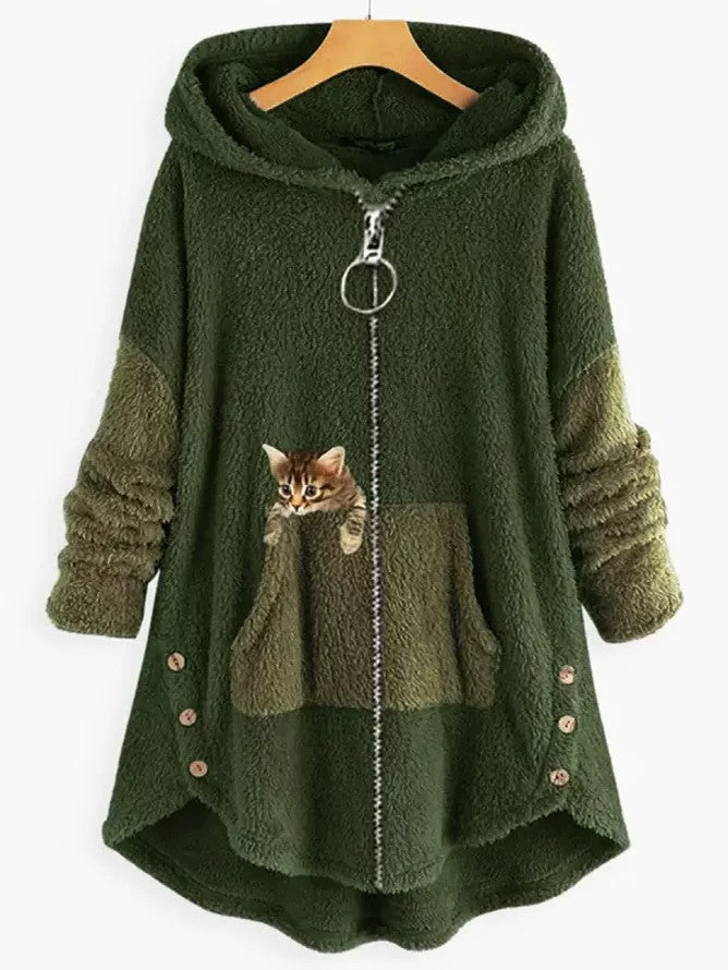 JO | Cozy fleece hooded jacket with adorable cat print