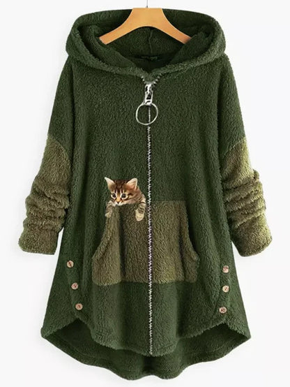 JO | Cozy fleece hooded jacket with adorable cat print