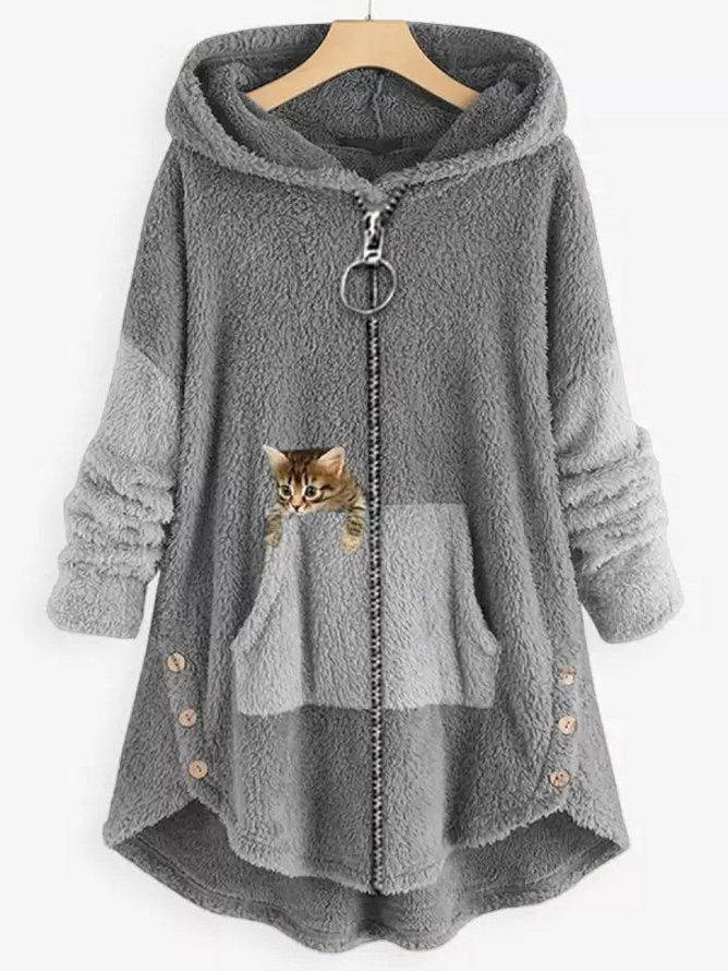 JO | Cozy fleece hooded jacket with adorable cat print