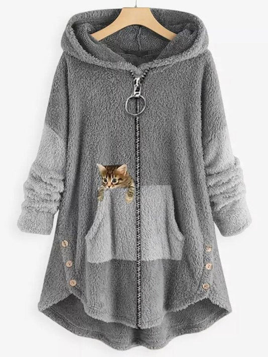 JO | Cozy fleece hooded jacket with adorable cat print
