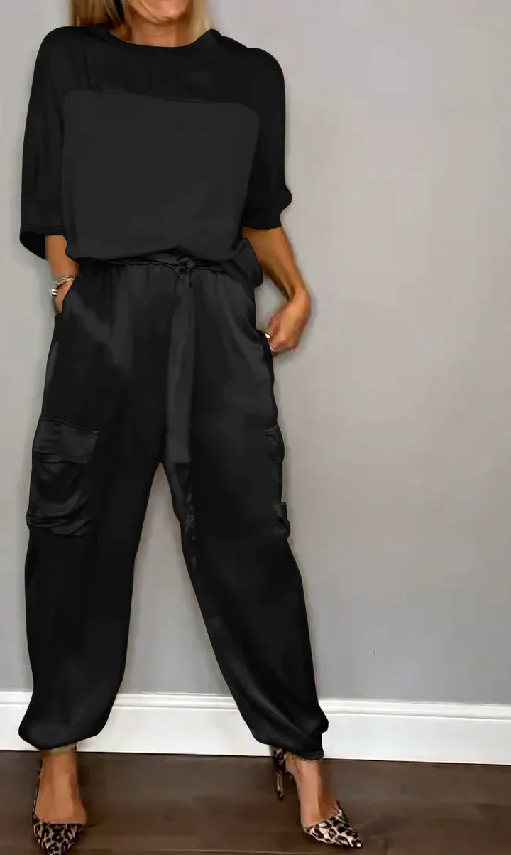 JO | Two Piece Set With Solid Color Satin Top And Pants For Women