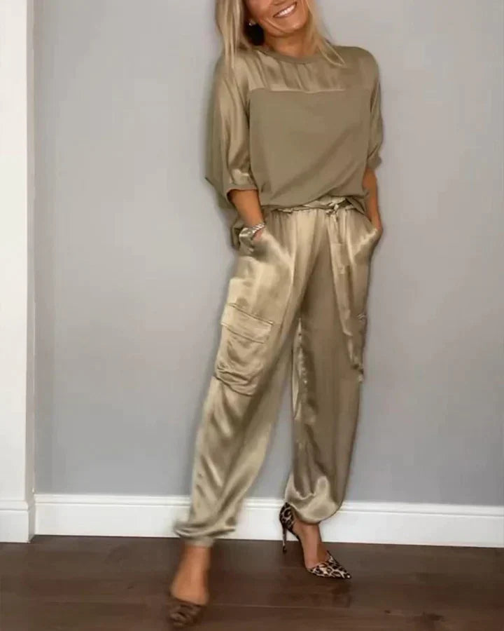 JO | Two Piece Set With Solid Color Satin Top And Pants For Women
