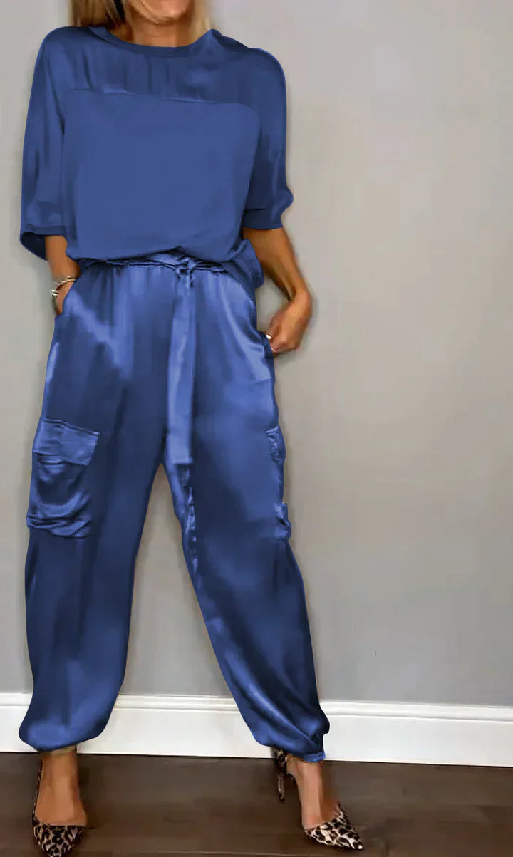 JO | Two Piece Set With Solid Color Satin Top And Pants For Women