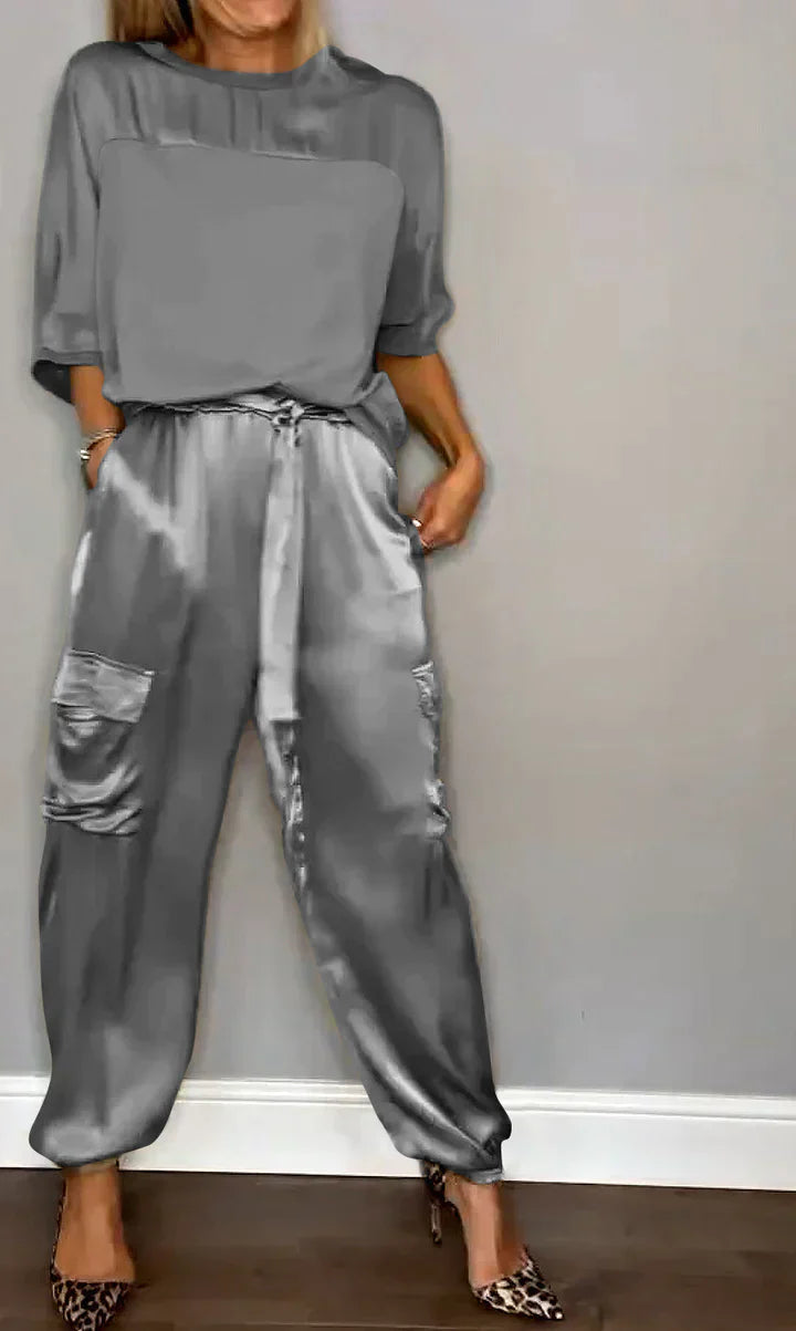 JO | Two Piece Set With Solid Color Satin Top And Pants For Women