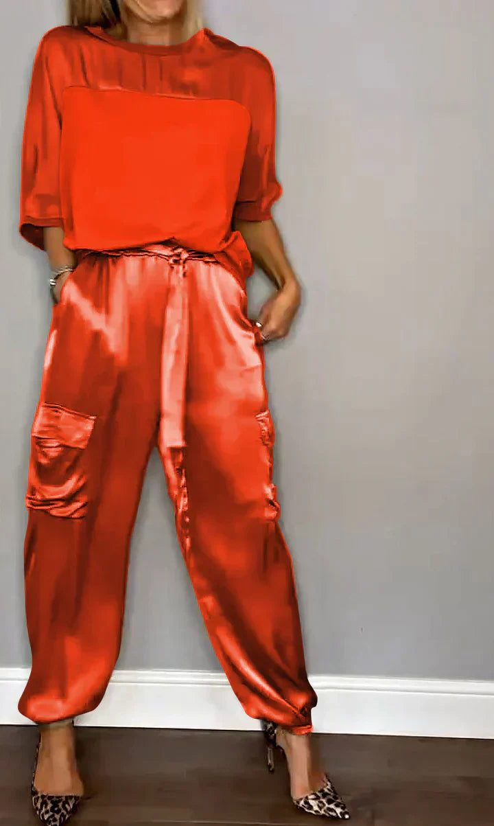 JO | Two Piece Set With Solid Color Satin Top And Pants For Women