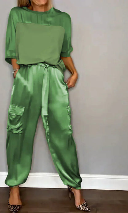 JO | Two Piece Set With Solid Color Satin Top And Pants For Women