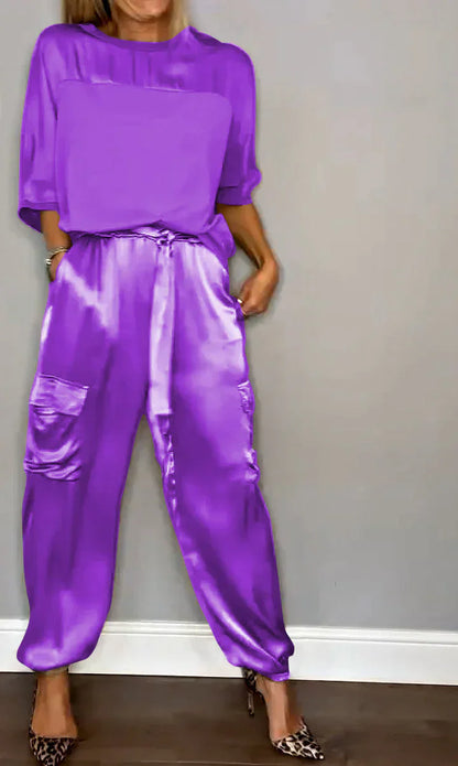 JO | Two Piece Set With Solid Color Satin Top And Pants For Women