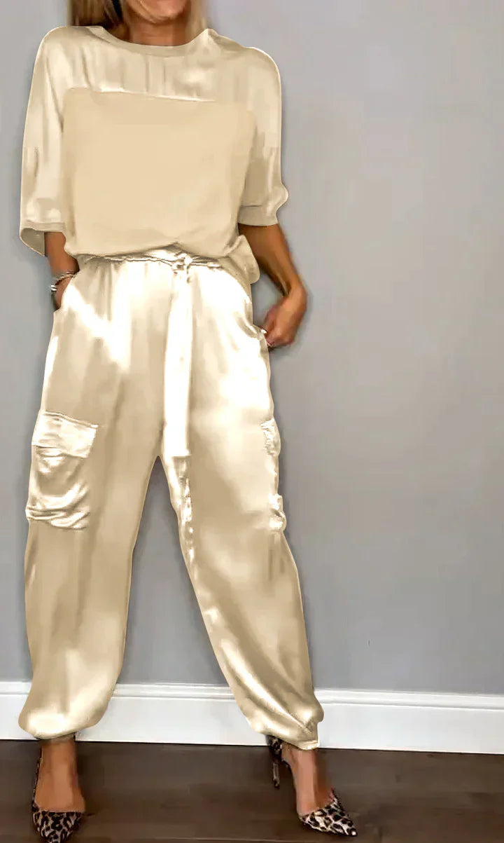 JO | Two Piece Set With Solid Color Satin Top And Pants For Women