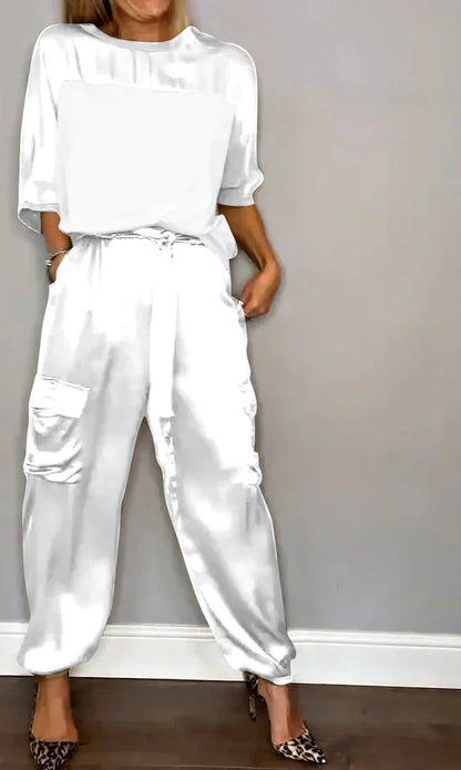 JO | Two Piece Set With Solid Color Satin Top And Pants For Women