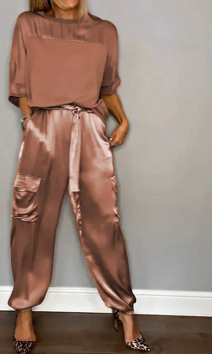 JO | Two Piece Set With Solid Color Satin Top And Pants For Women
